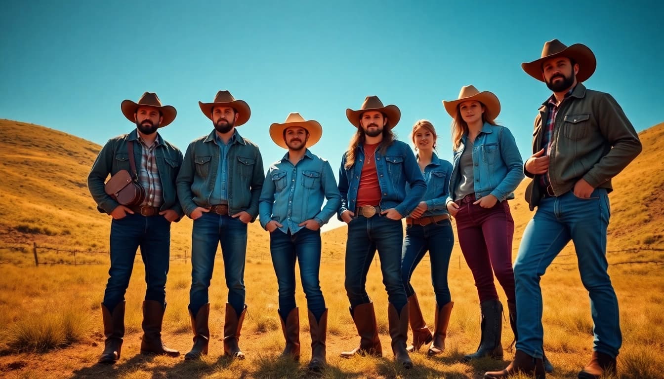 Stylish individuals showcasing western wear Canada in a scenic outdoor setting.