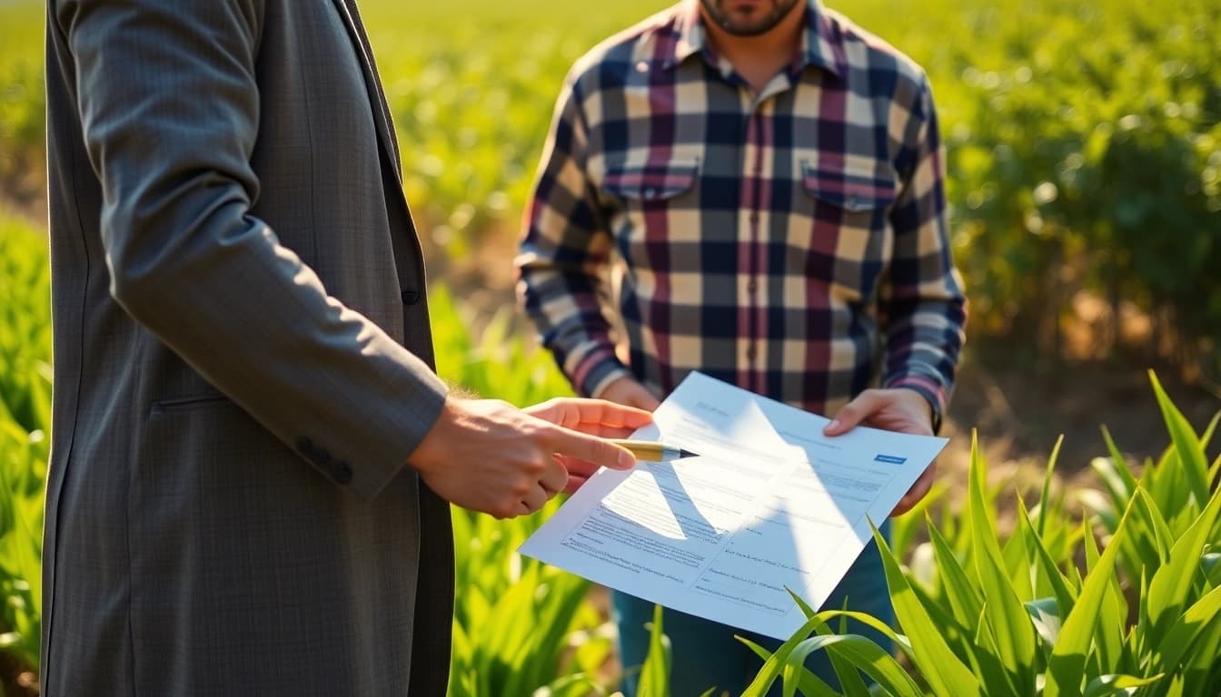Engaging discussions on agricultural law between lawyer and farmer in a vibrant field.