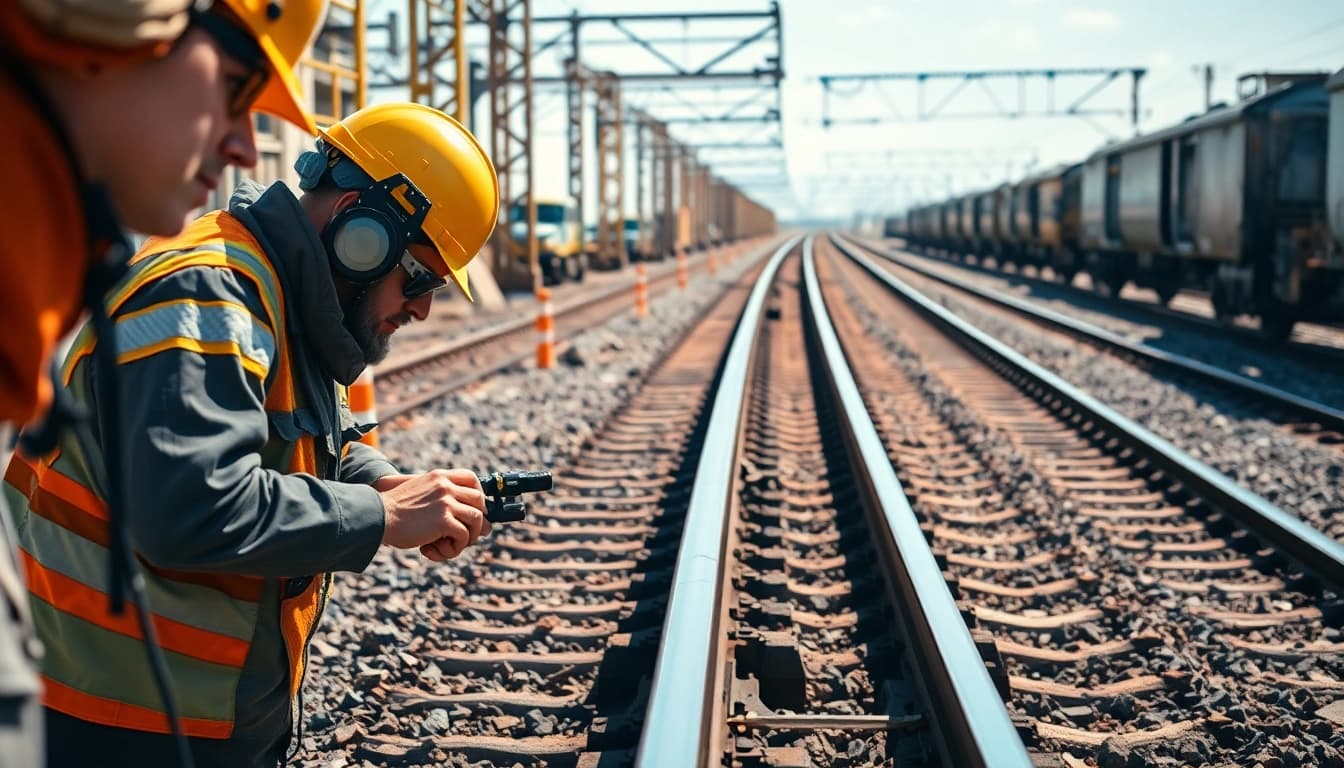 Track Inspectors Near Me meticulously assessing railway safety and integrity in a professional setting.