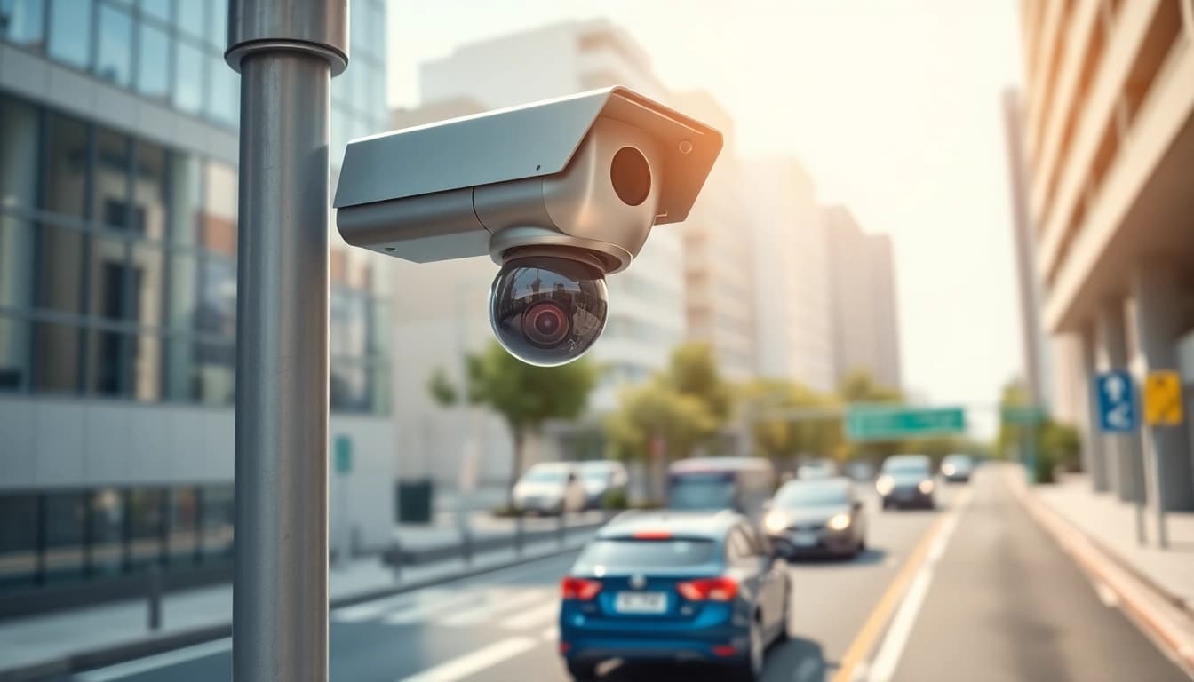 Highlighting automatic license plate recognition system capturing clear vehicle images in an urban environment.