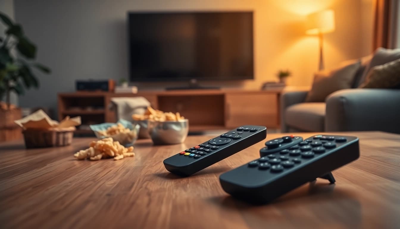 Bediene die Panasonic N2QAYB000928 Fernbedienung auf einem eleganten Tisch mit Fernseher im Hintergrund.