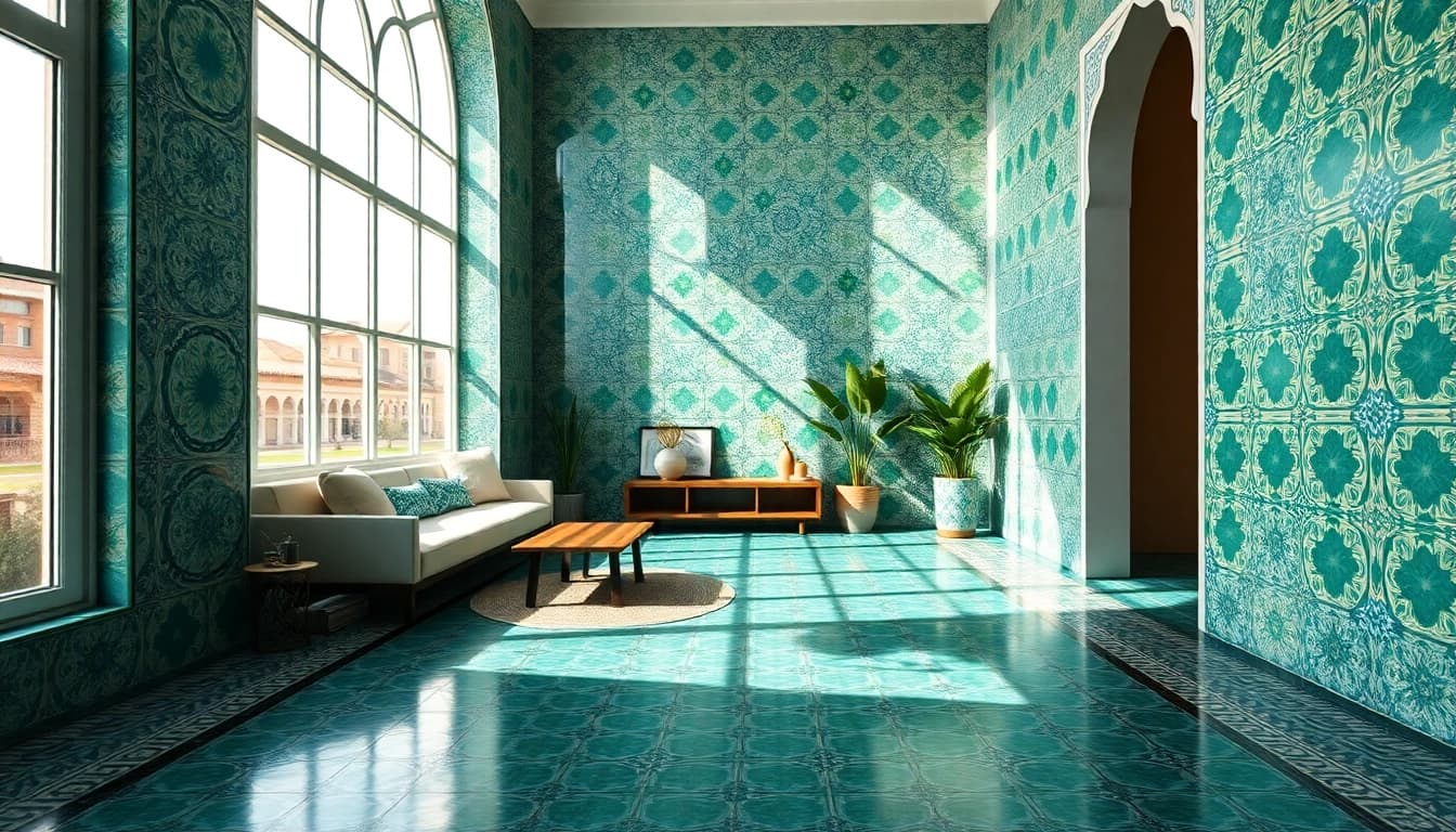 Carreaux Zellige dans un salon éblouissant, mettant en valeur des motifs complexes et des couleurs vibrantes.