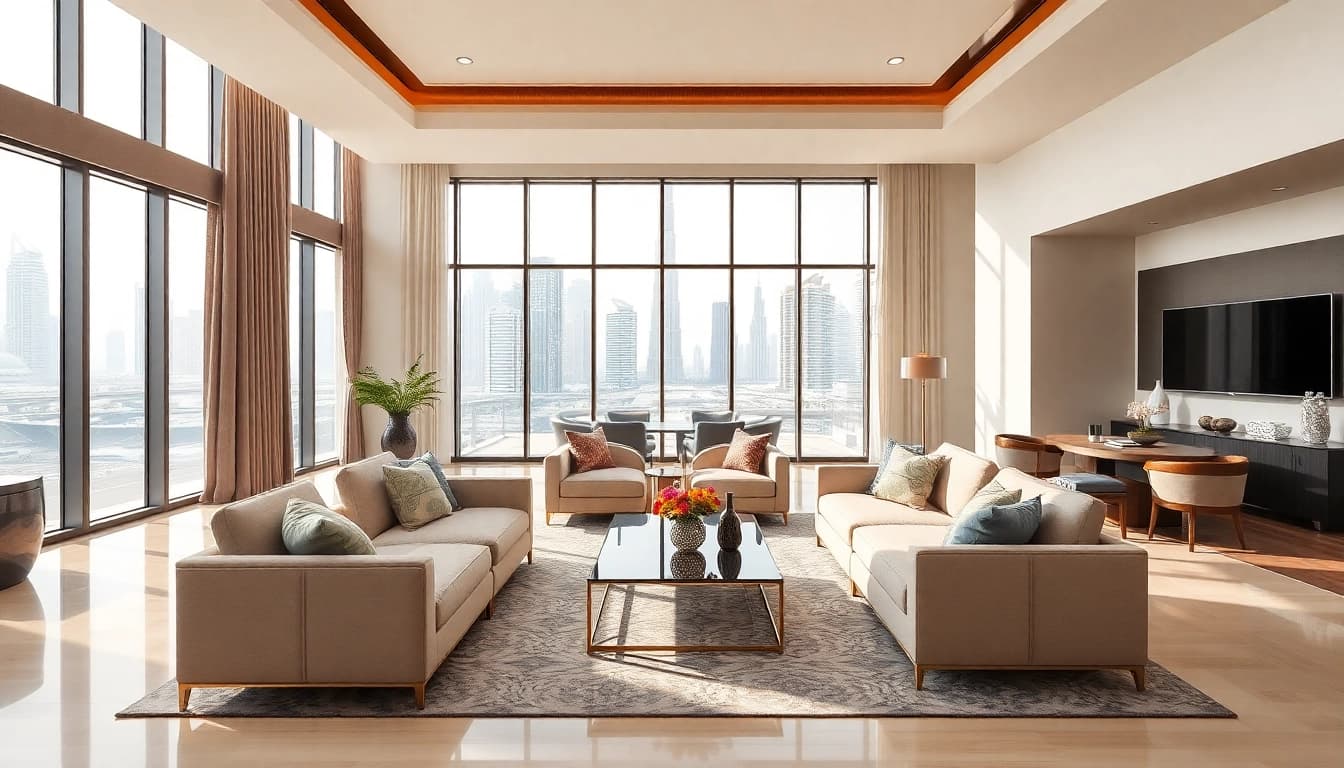 Showcasing modern interior design Dubai with luxury furnishings and vibrant accents in a beautiful setting.