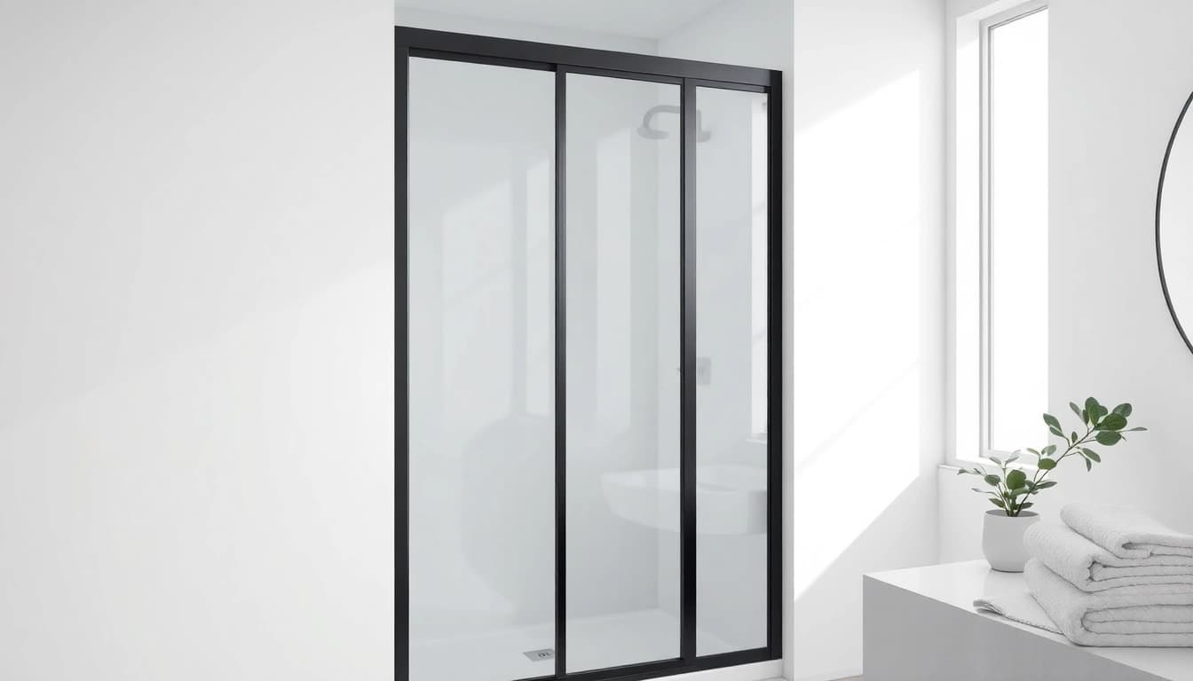 Showcase of a black shower sliding door enhancing a modern bathroom's style and elegance.