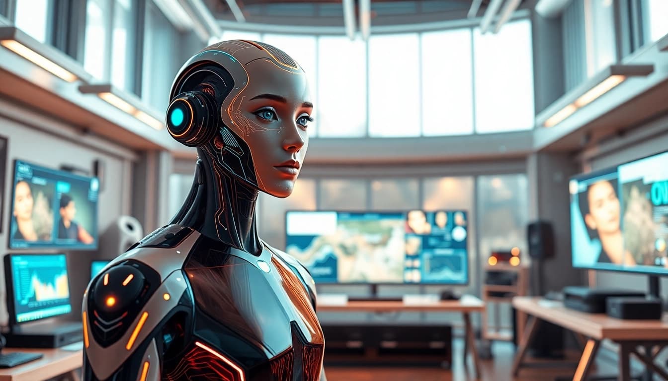 Engage with a stunning ai avatar showcasing modern technology in a vibrant workspace.