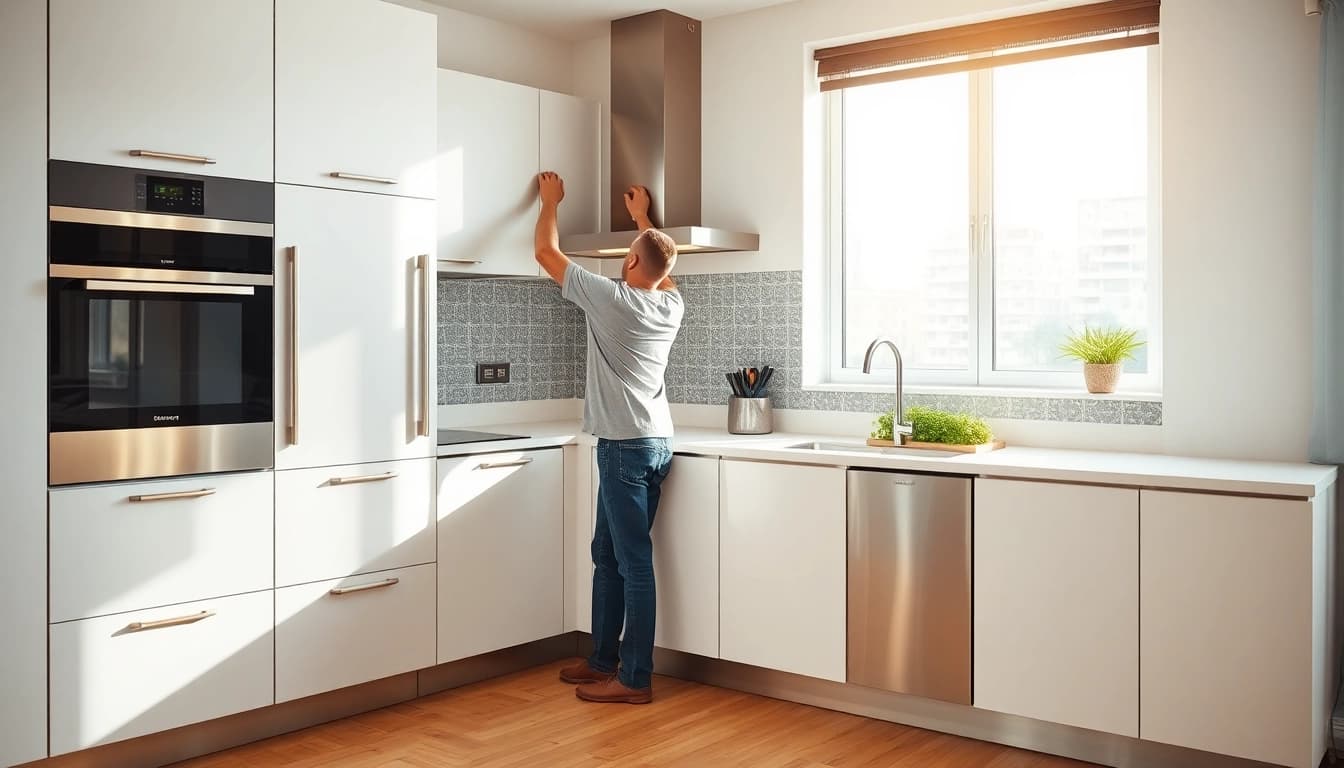Kitchen fitter efficiently installing cabinets in a stylish modern kitchen.