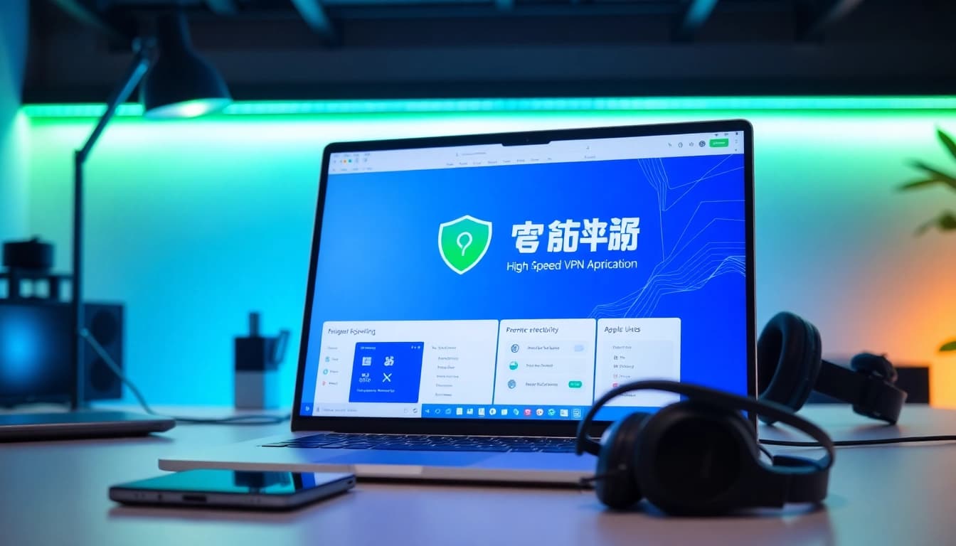 快连官网 interface displayed on a laptop, showcasing a modern VPN setup.