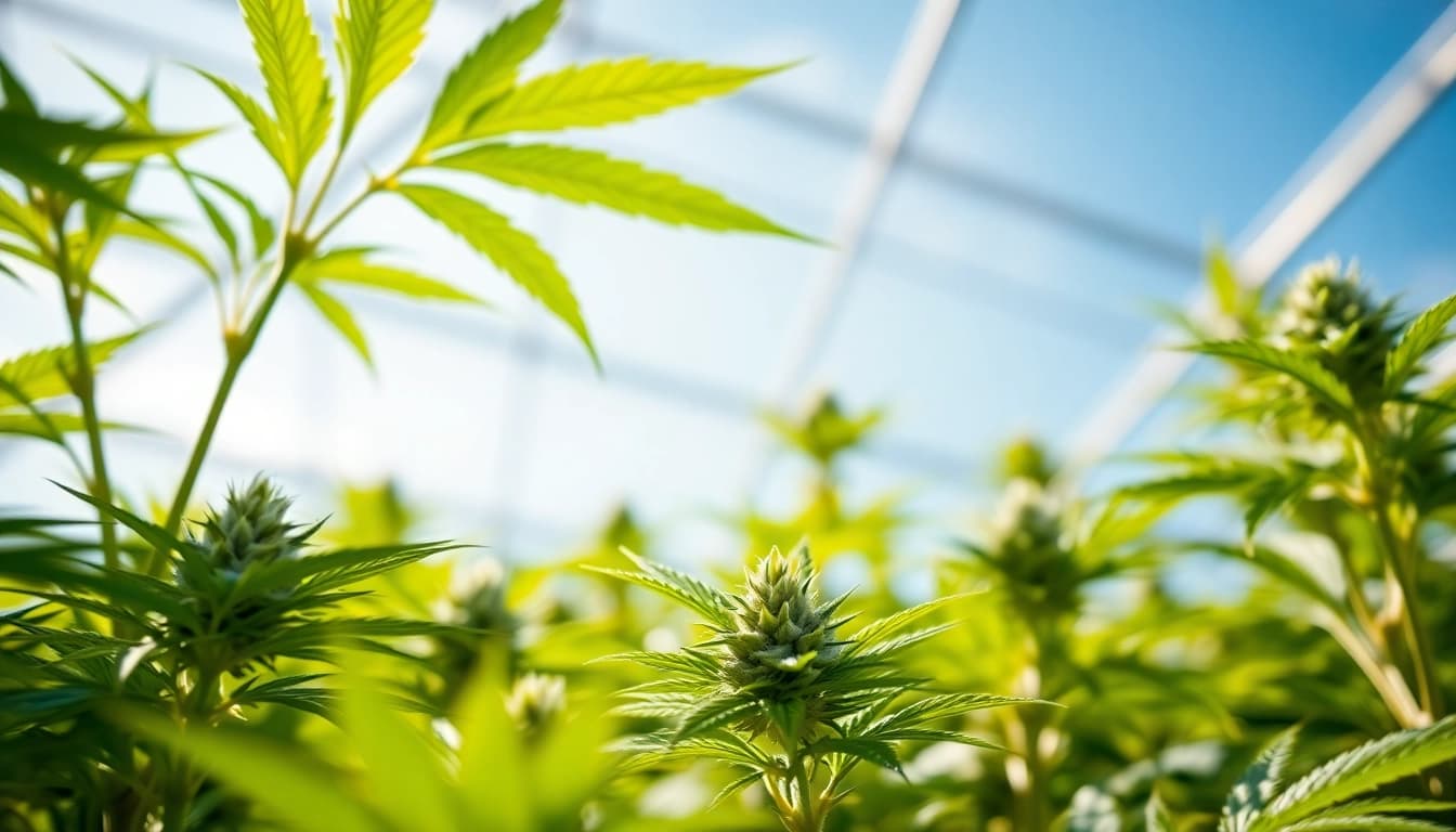 Légalisation cannabis espagne présentée par des plantes vibrantes dans une serre éclairée par le soleil.