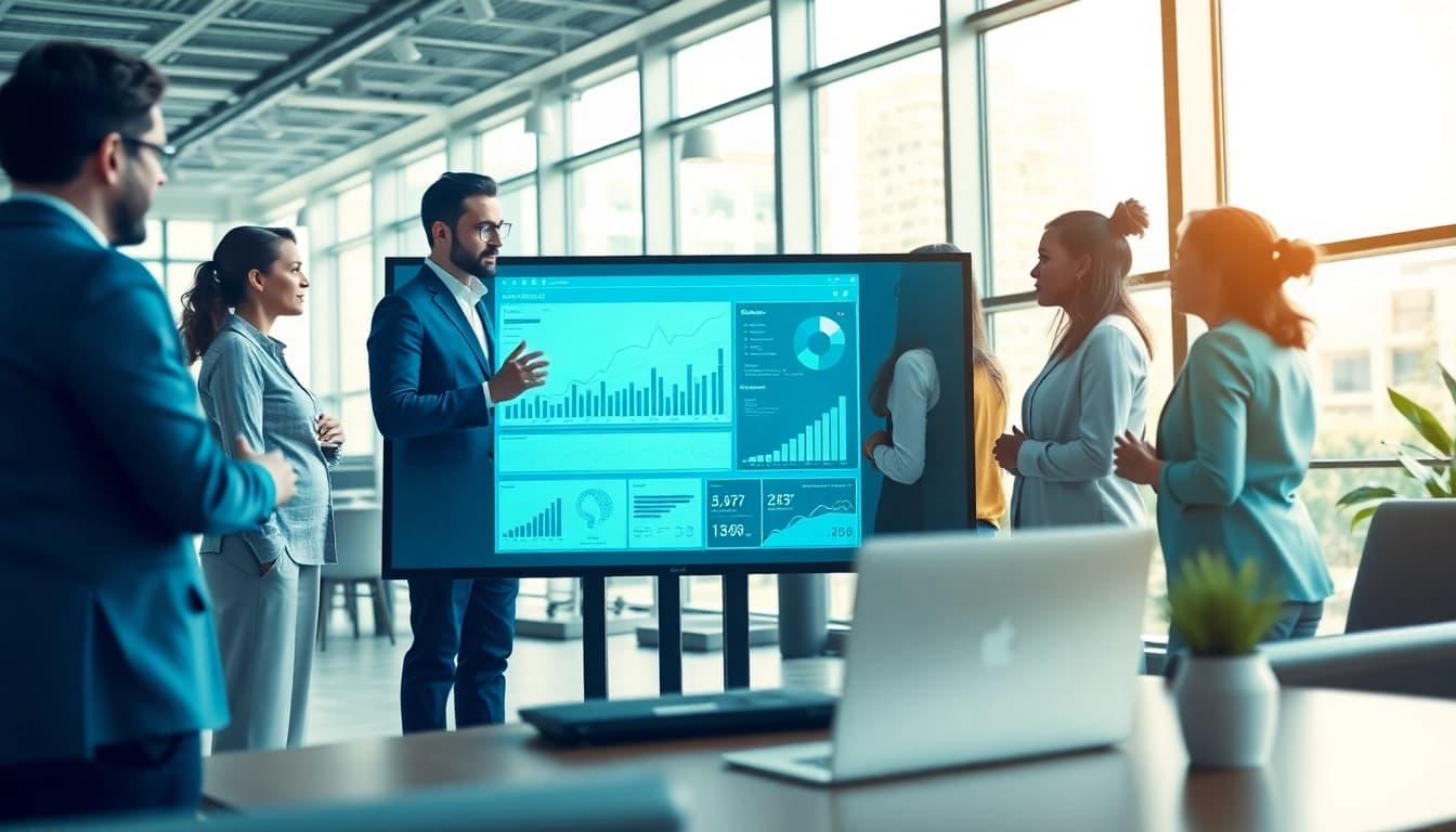 Enhancing B2B competitive intelligence analysis with a collaborative team in a modern office.