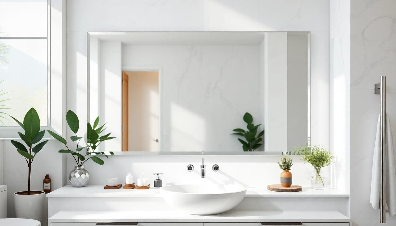 Reflective elegant bathroom mirror enhancing a modern restroom’s atmosphere with natural lighting.