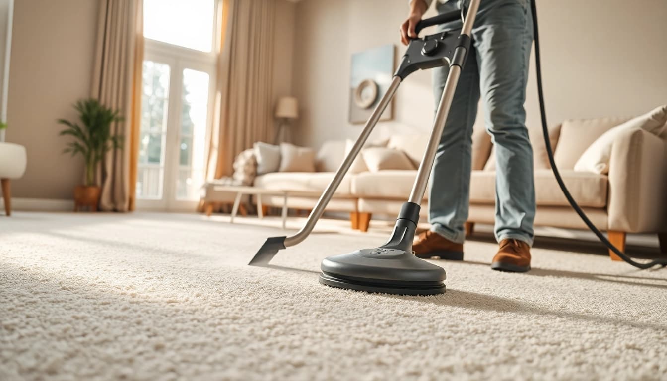 Professionals using carpet cleaners roseville ca on pristine carpet in a sunlit living room.