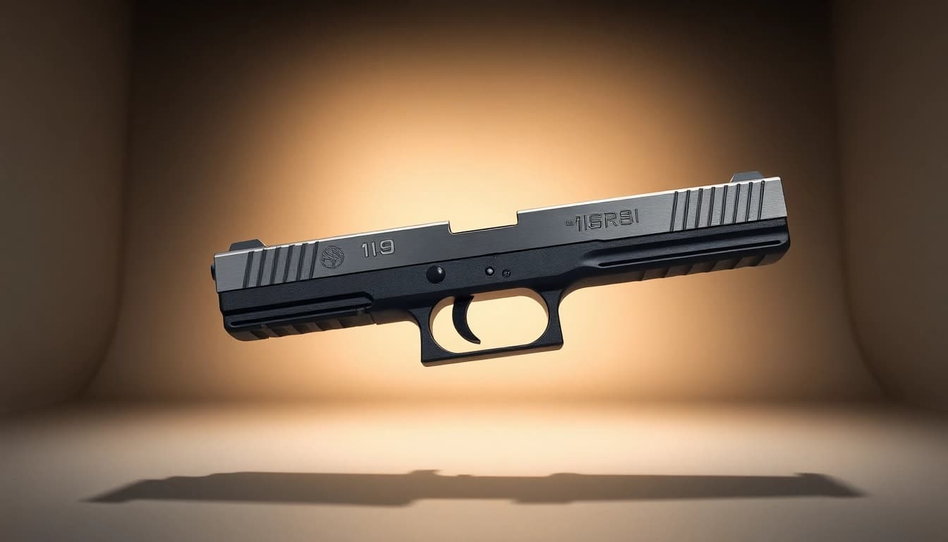 Glock 19 slide showcasing its intricate design and finish with a professional lighting setup.