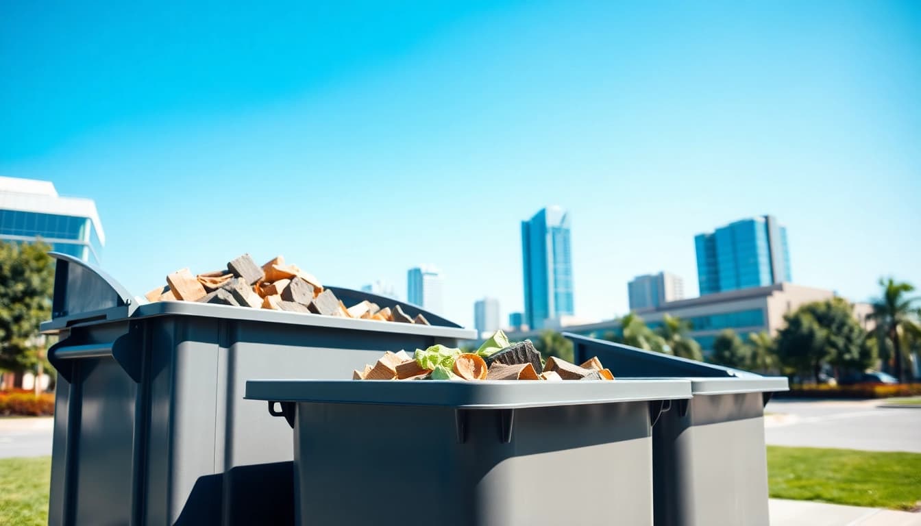 Renting garbage rental bins in a cityscape illustrating responsible waste management.