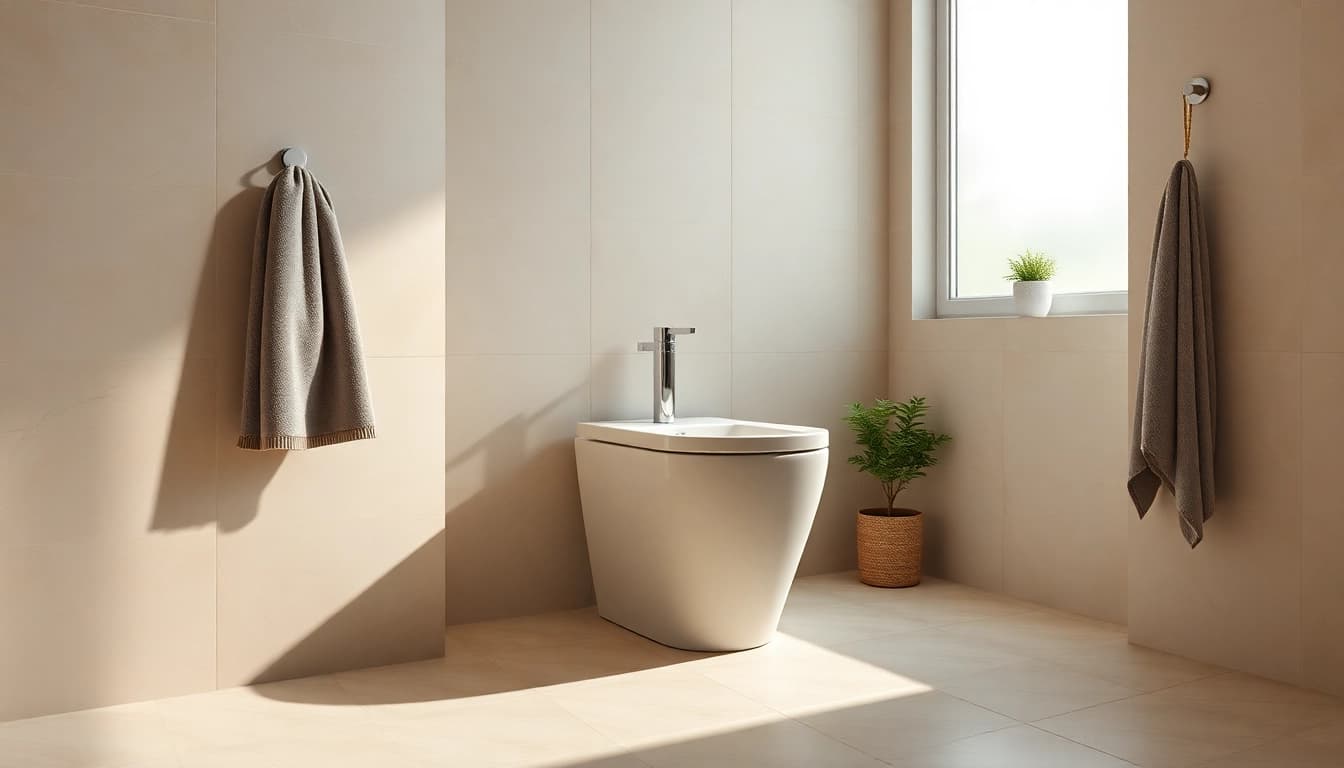 Il bidet moderno in un elegante bagno luminoso con decorazioni accoglienti.