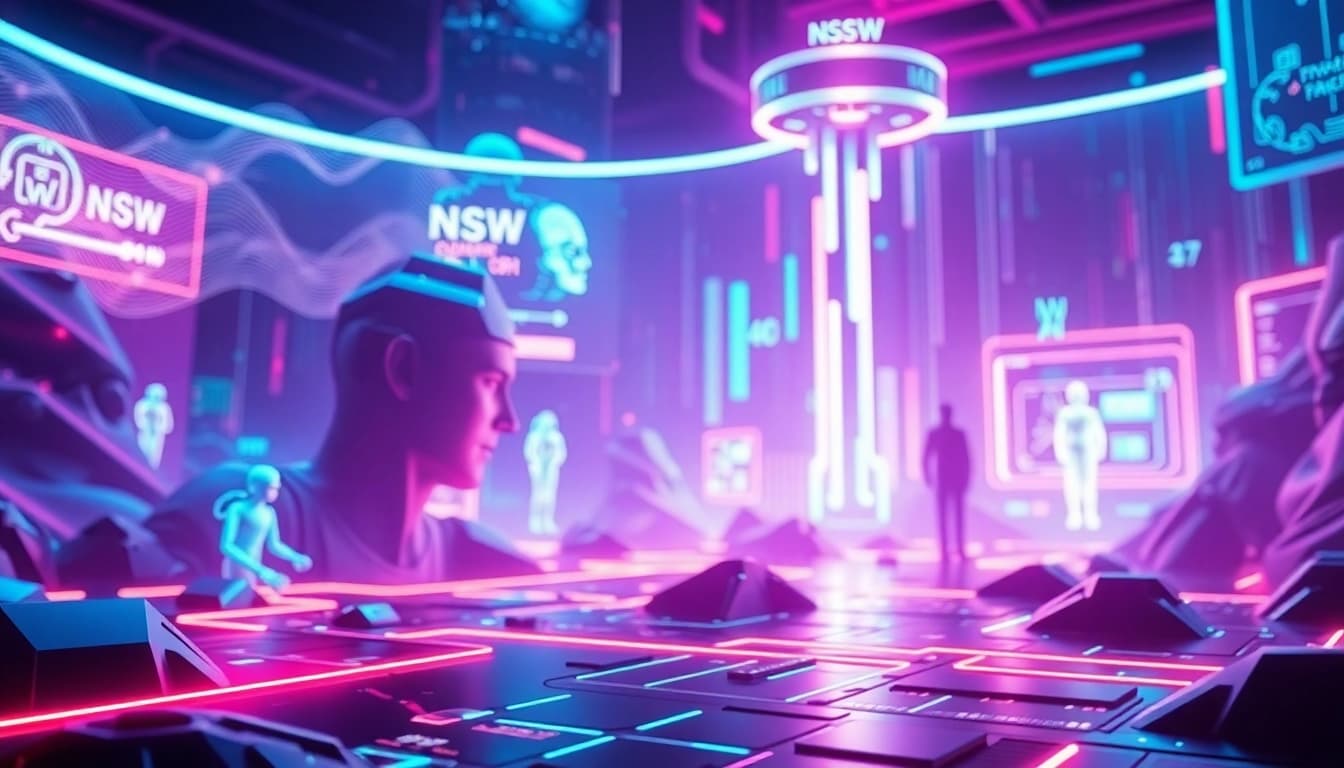 Futuristic digital landscape showcasing vibrant NSFW AI chatbot technology.
