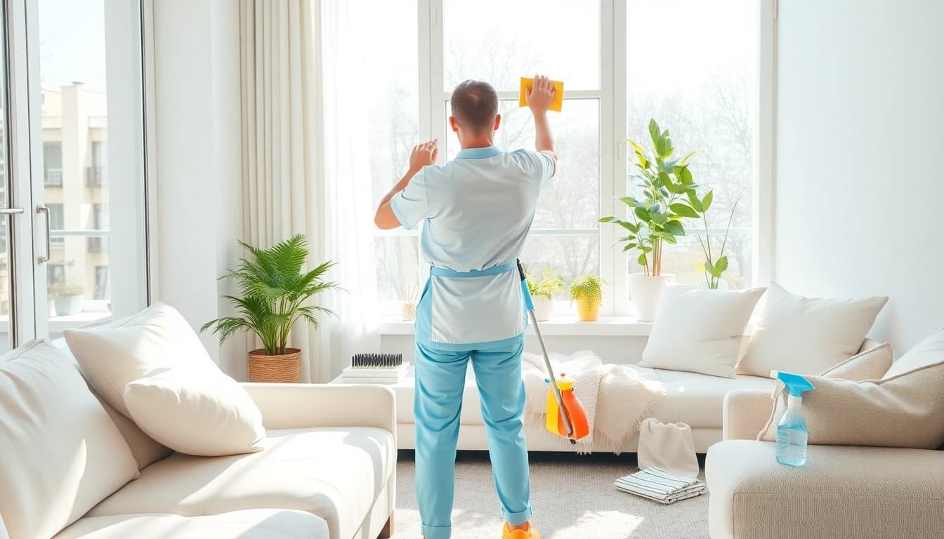 Cleaning Service professional cleaning a window in a bright, modern living room