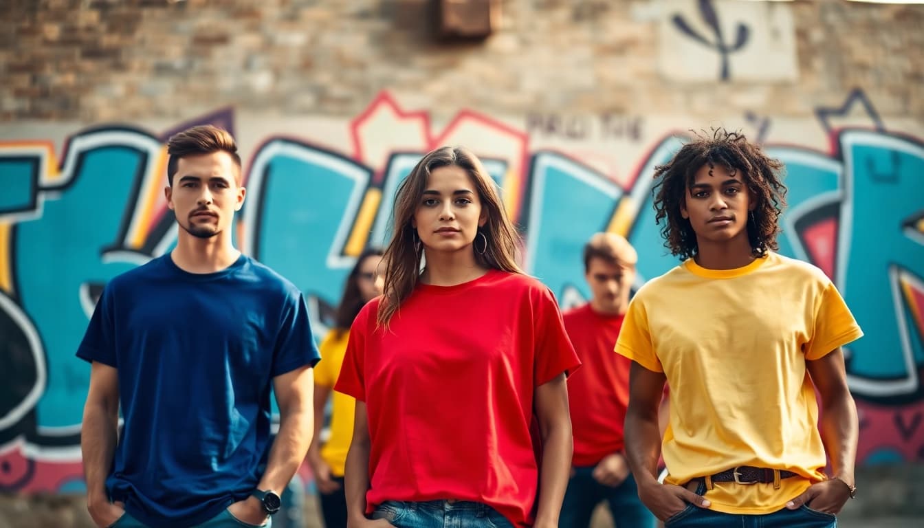 Showcasing stylish best blank t shirts on models in an urban setting