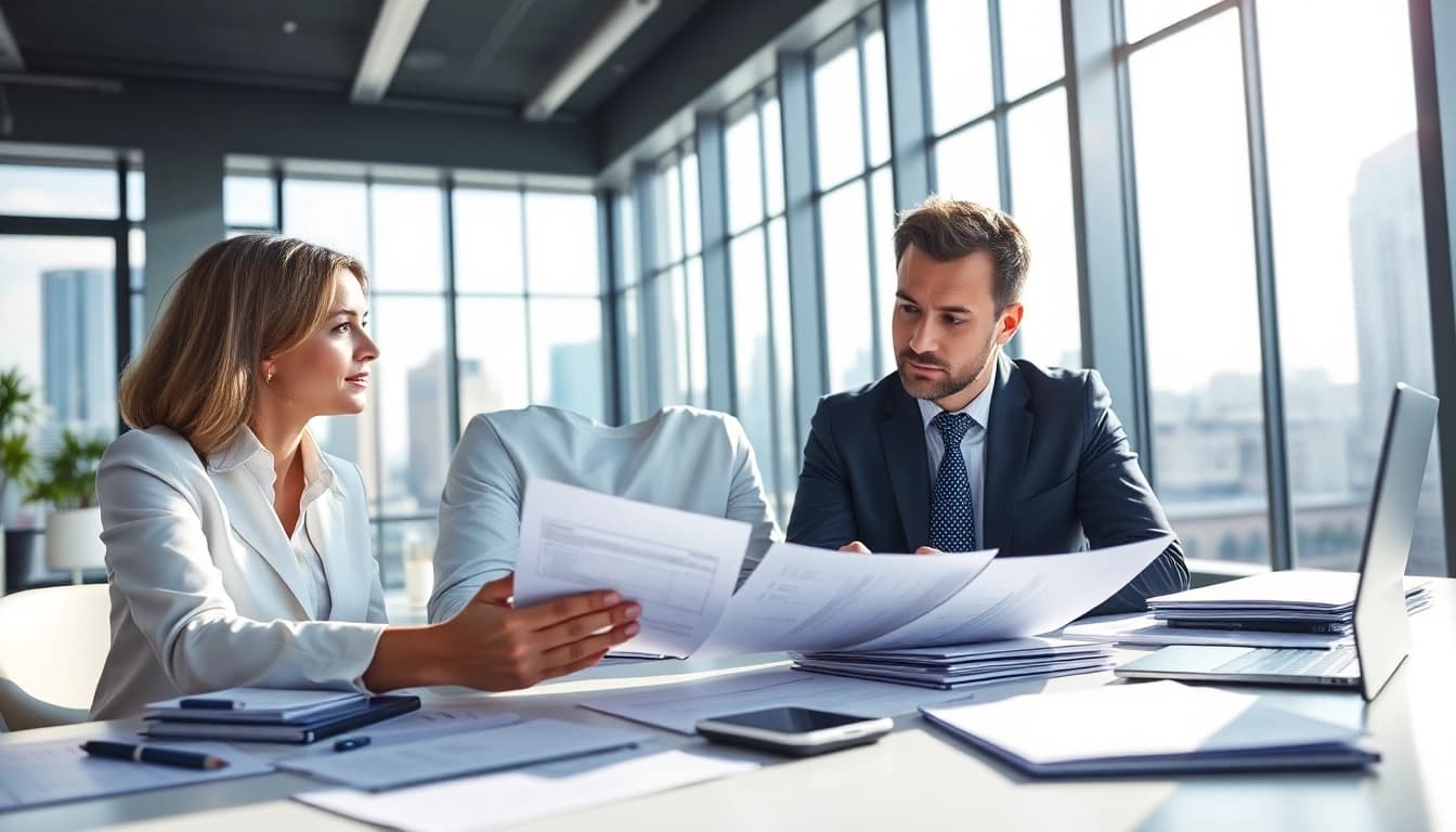 Evaluate pre-post award compliance with consultants analyzing documents and data in a bright office.
