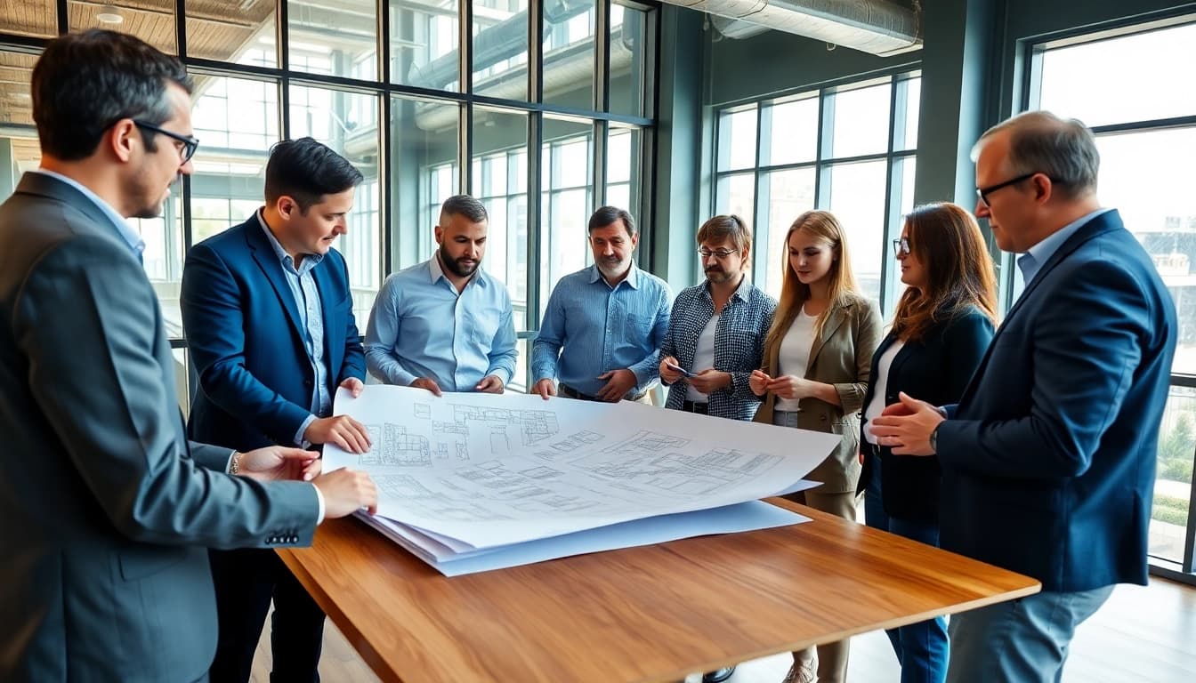 Engaging professionals discussing construction advocacy colorado in a bright, modern office.
