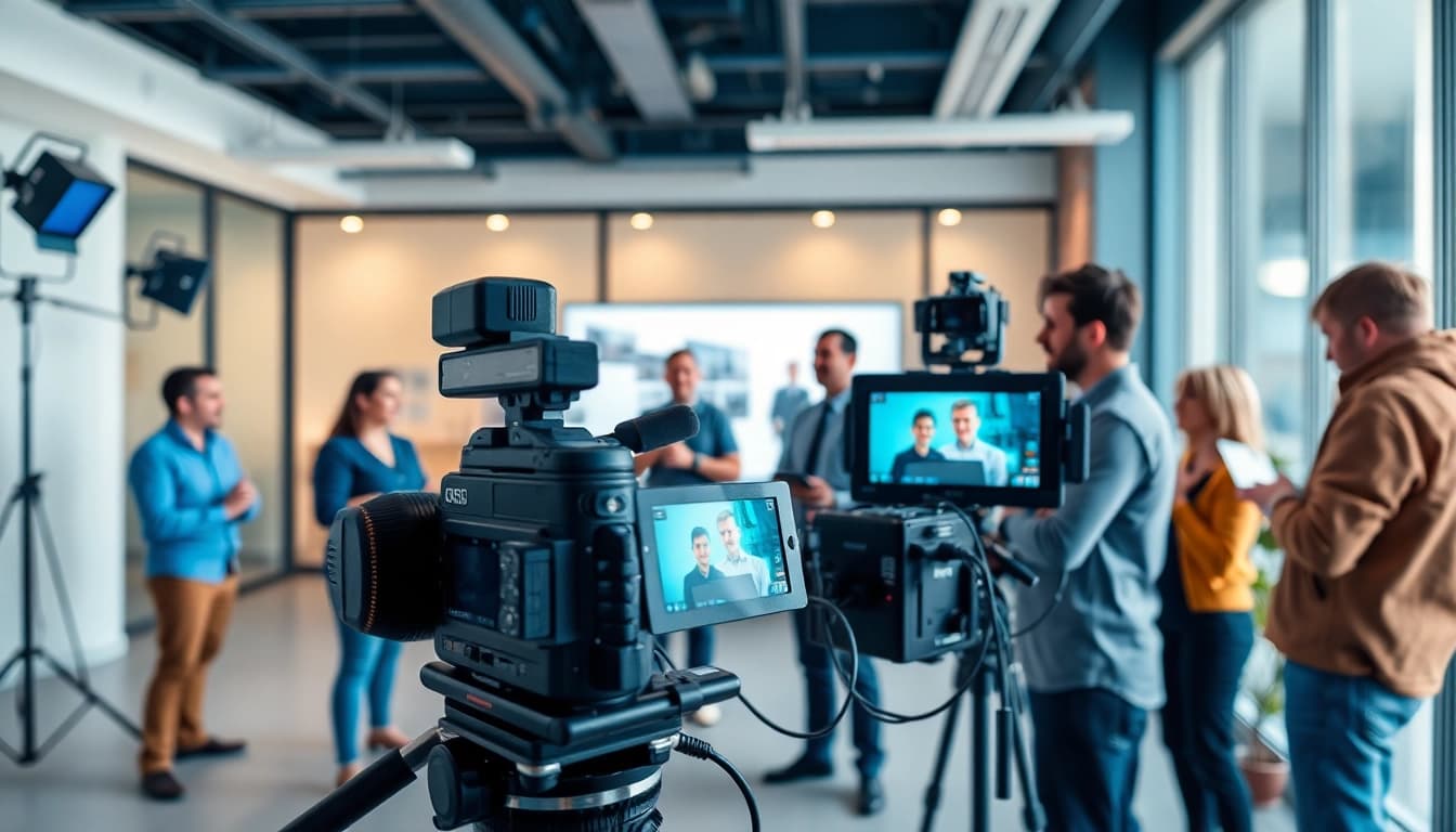 Capture of a corporate video production scene focusing on teamwork and modern equipment.
