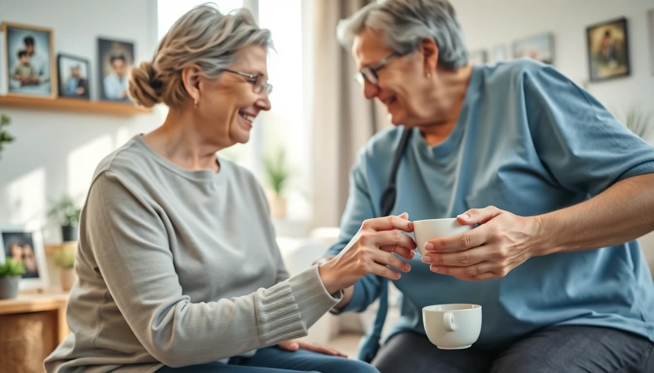 Elderly in home care near me with a caregiver providing support to a senior in a home setting.