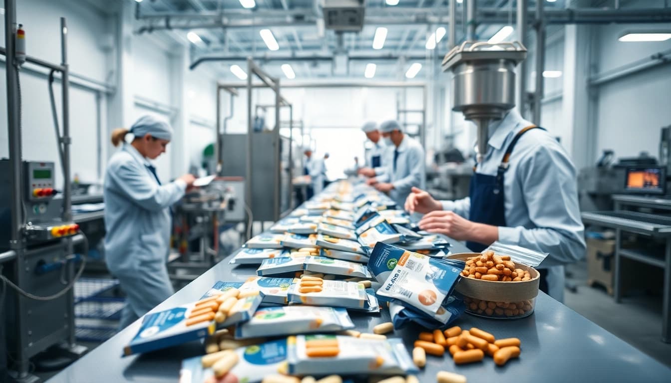 Showcasing a stick pack supplement manufacturer uk with modern machinery and vibrant atmosphere.