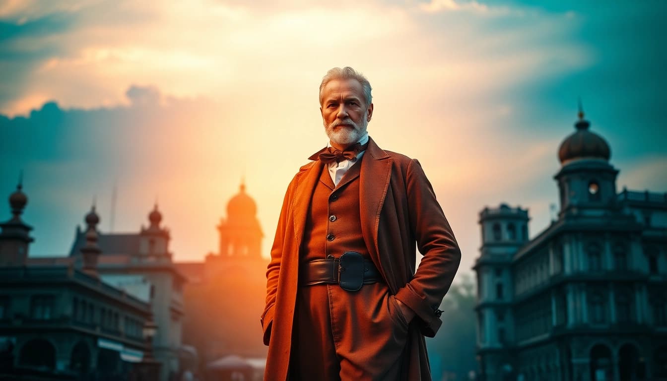 Job Charnock, founder kolkata, portrayed against Kolkata's historical skyline at dusk.