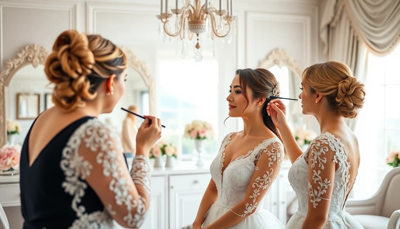 Bridal stylist applying wedding hair and makeup to a bride in a radiant setting.