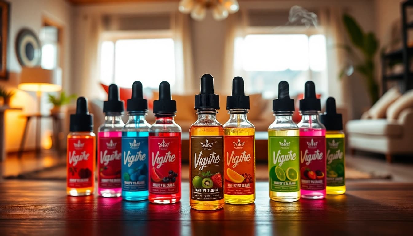 Der Vape Liquid zeigt verschiedene bunte Flaschen und schafft eine einladende Atmosphäre.