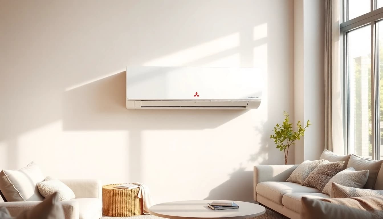 Showcasing a Mitsubishi mini split ac mounted elegantly in a modern living room.