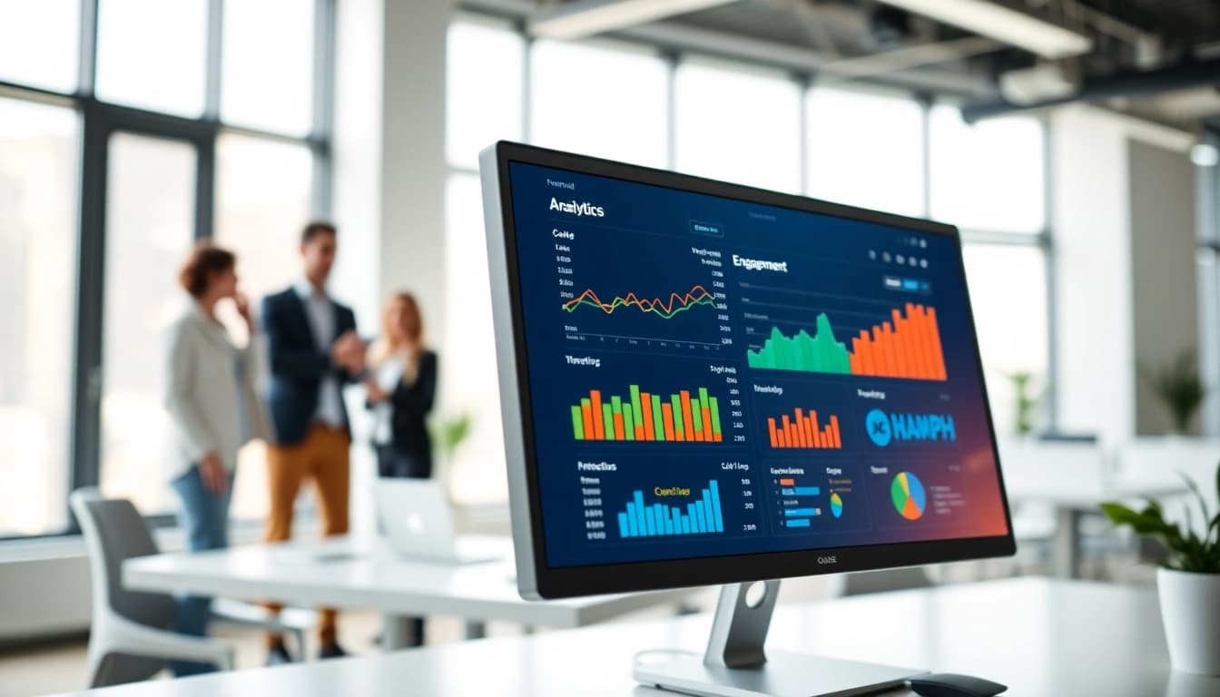 Analyze data to track content engagement with vibrant graphs on a digital dashboard.