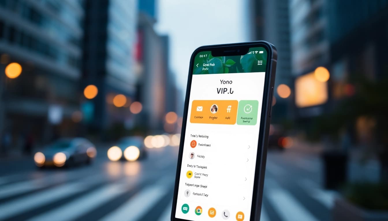 Explore the Yono vip features on a smartphone set against an urban landscape.