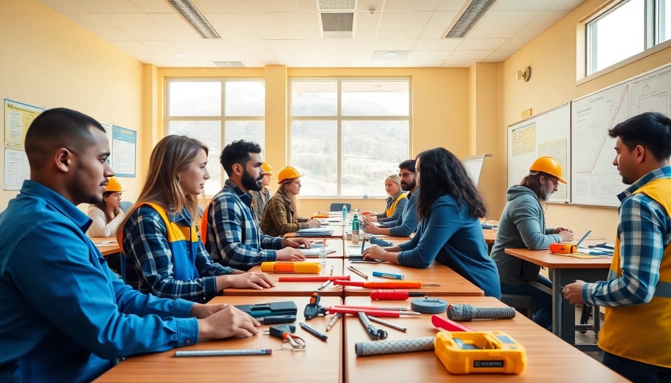 Engaged students participating in hands-on construction training programs in a classroom setting.