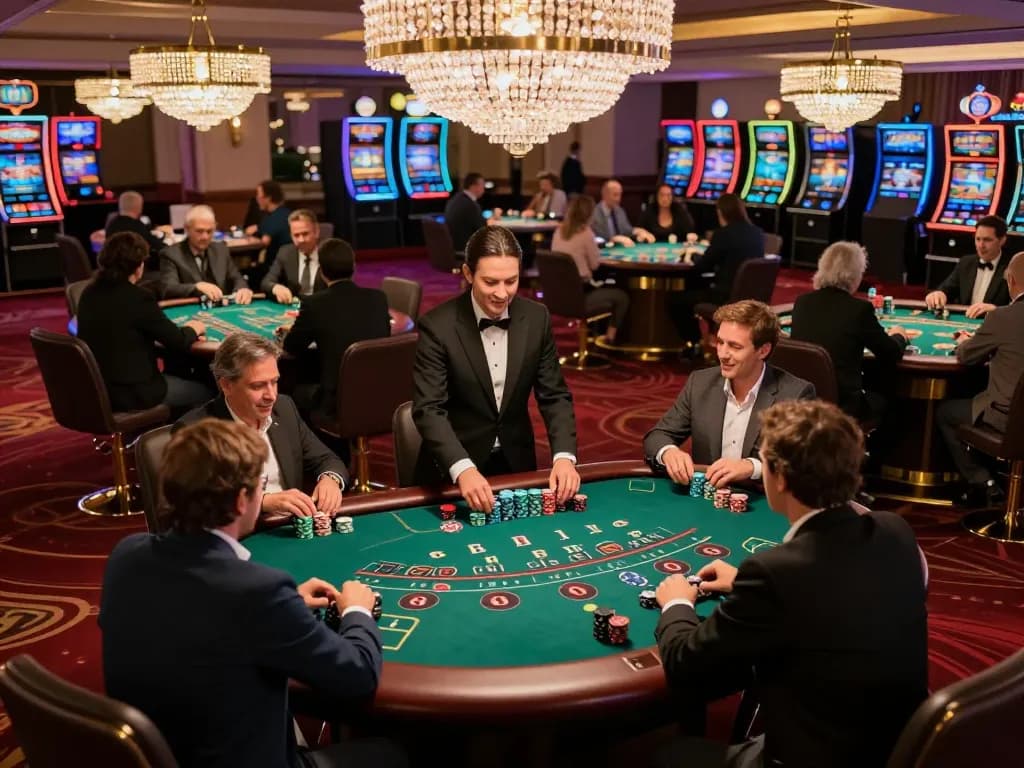 Engaging blackjack gameplay at ATQ casino, showcasing players and elegant dealers in a vibrant atmosphere.