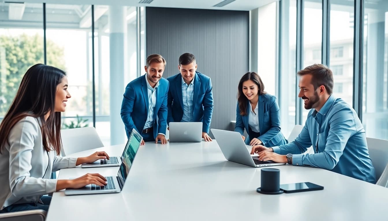 Collaborative team working on Business IT Solutions in a modern office to enhance productivity.