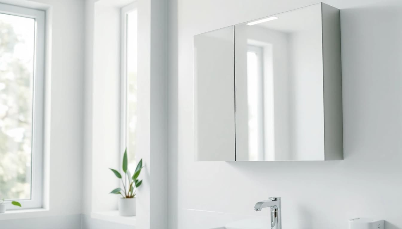 Stylish bathroom cabinet with mirror and light, enhancing modern bathroom decor and functionality.