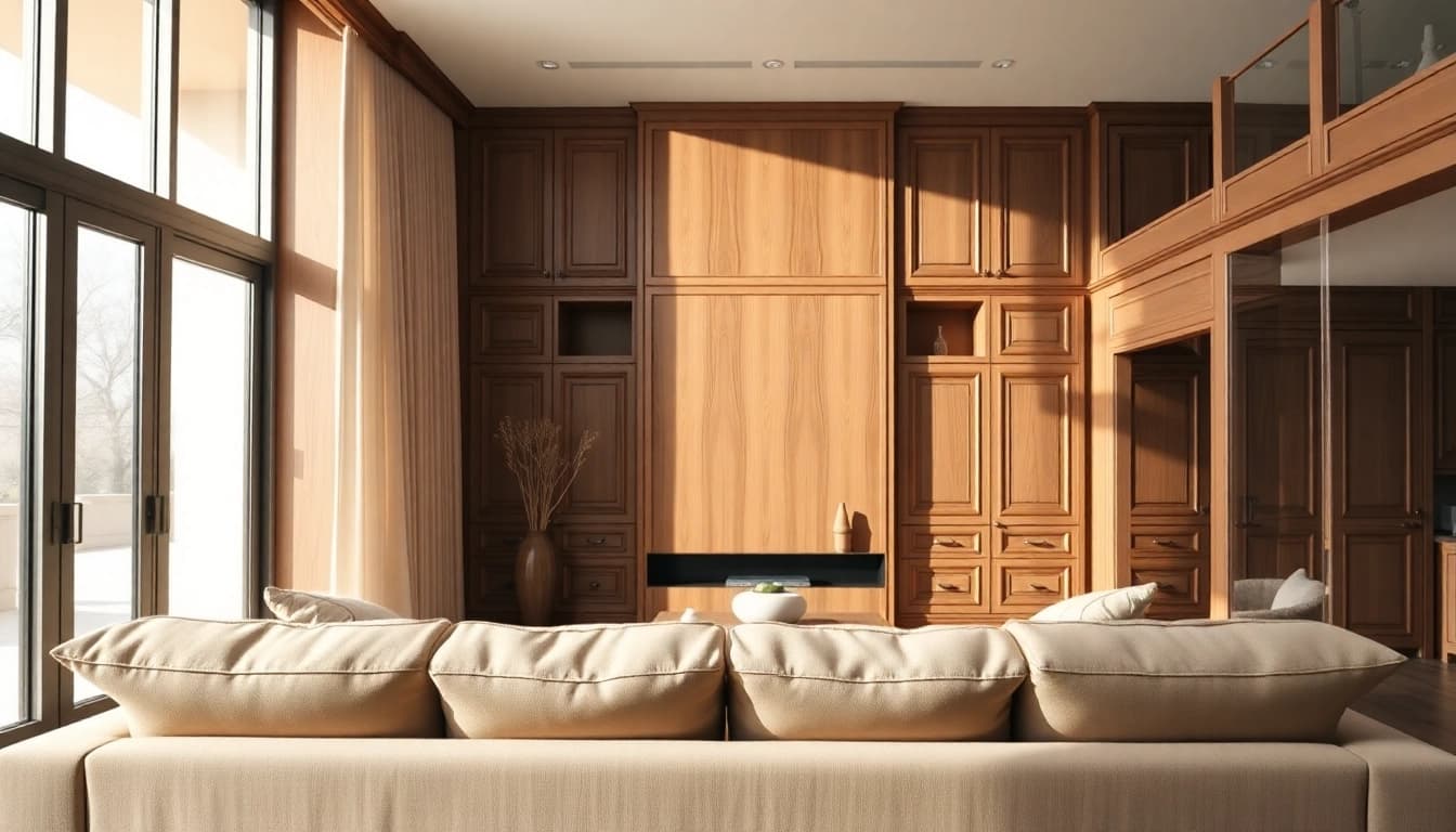 Highlighting interior architectural woodwork in a stylish living room with elegant details.