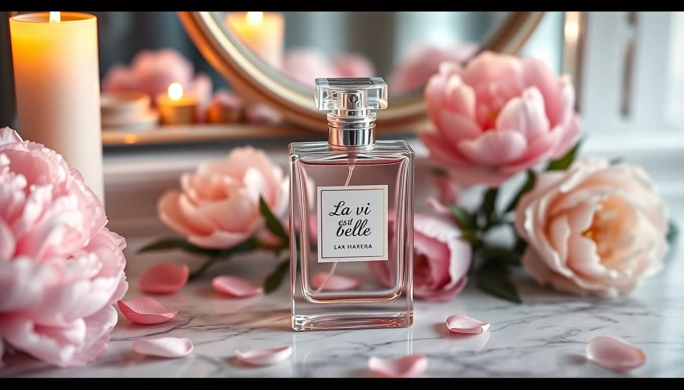 Embrace the essence of La vi est belle with an elegant perfume bottle surrounded by fresh flowers.
