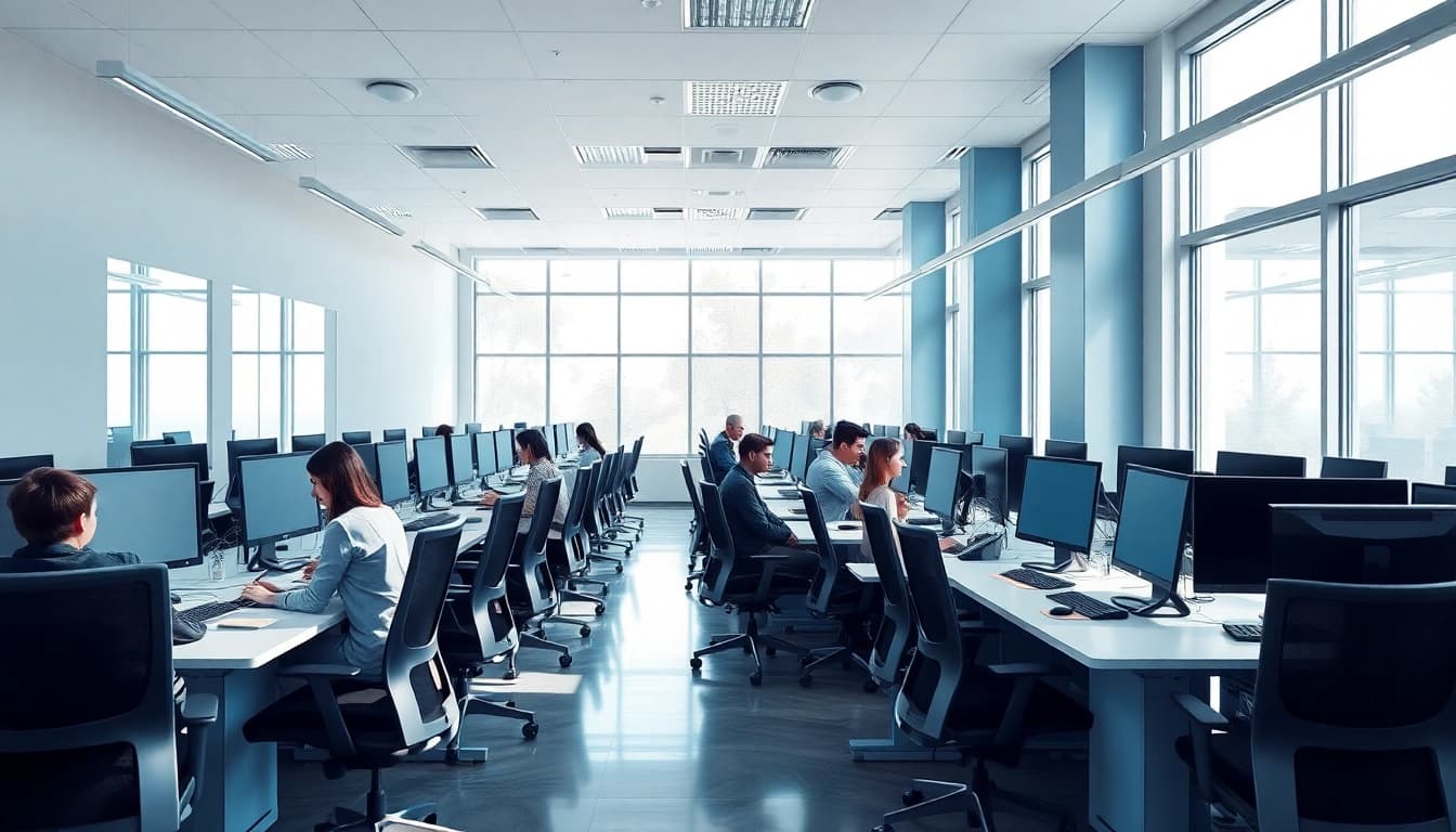 Engaged team members working diligently in a modern typing center with advanced equipment.