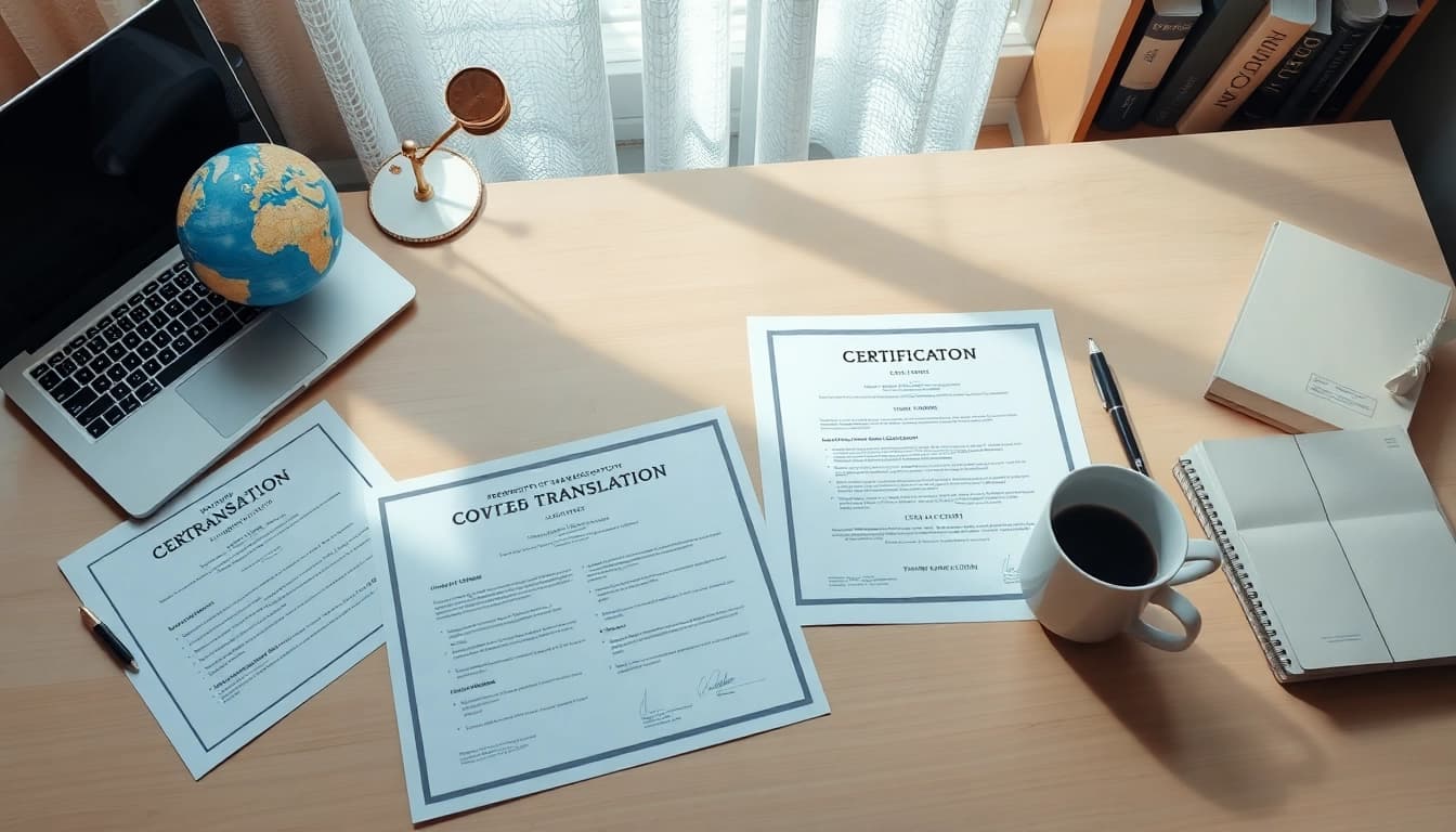 Sworn translation services workspace with legal documents and bilingual dictionaries.