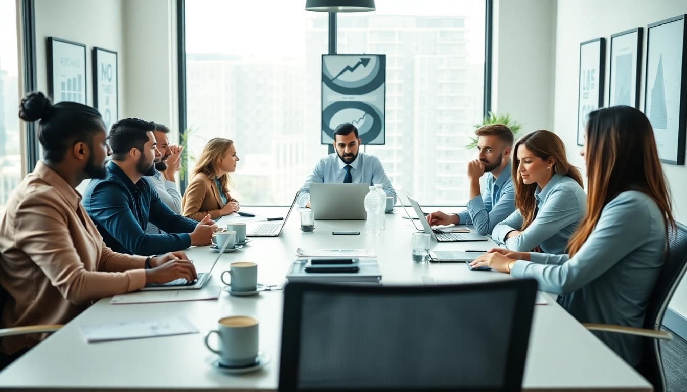 Discussing growth strategy trends with a diverse team in a vibrant office environment.