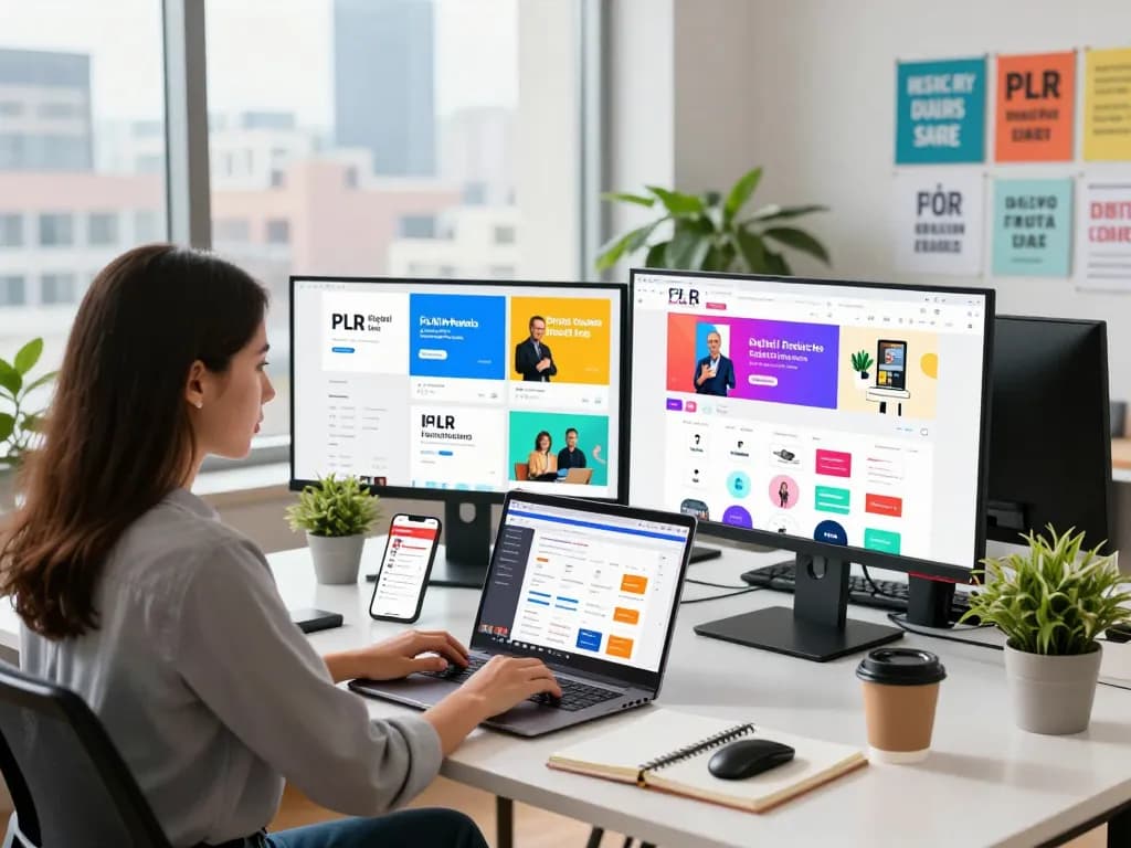 PLR Digital Products for Sale analyzed by a marketing professional in a modern office, showcasing eBooks and digital courses on multiple screens.