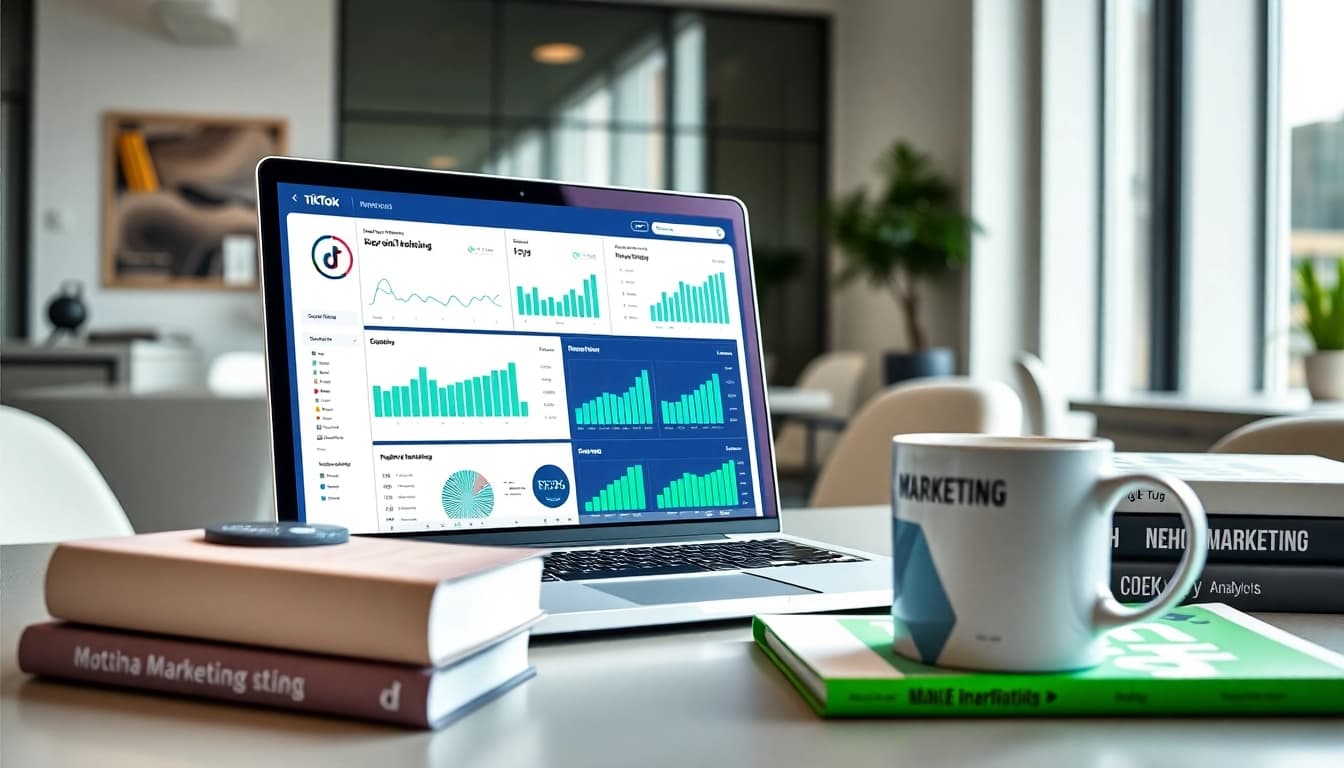 Analyze TikTok SMM panel metrics on a professional laptop in a modern office.