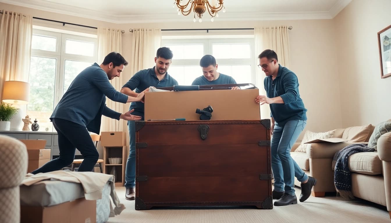 Dynamic team of a removals company cheltenham packing items in a cozy home setting.
