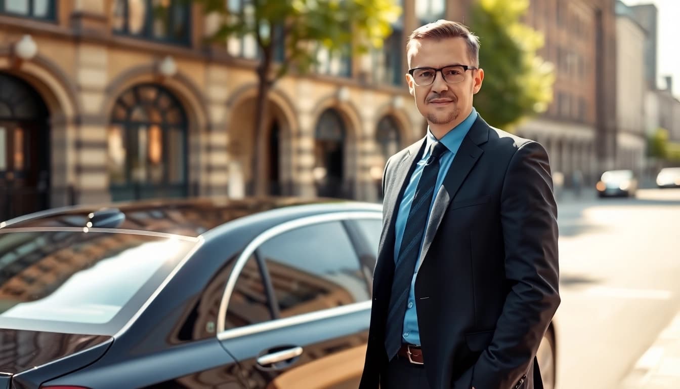 Luxury Chauffeur Hire Nottingham service with professional driver beside an executive car.