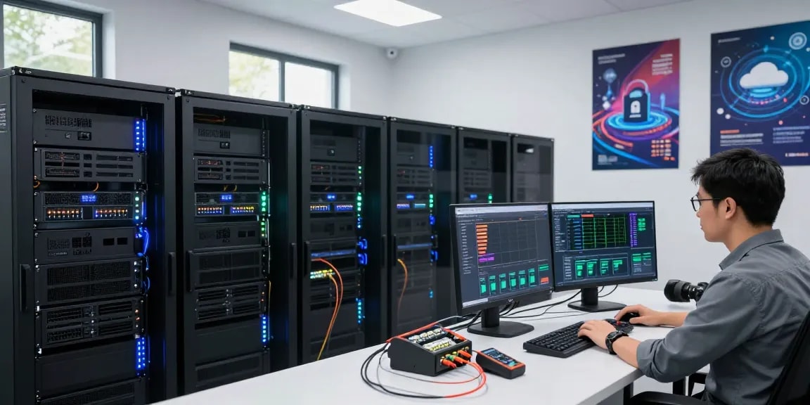 VPS Hosting en México server room with a technician monitoring performance data in a modern data center.