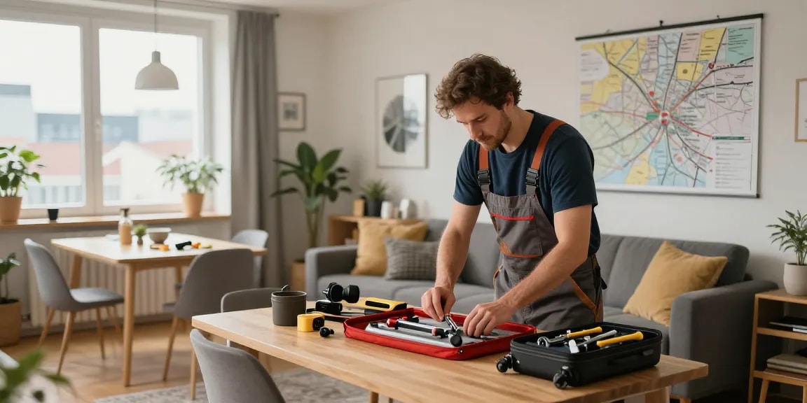 Monteurzimmer mieten Hannover: Modernes Apartment mit Handwerker, komfortable Einrichtung und Stadtblick.