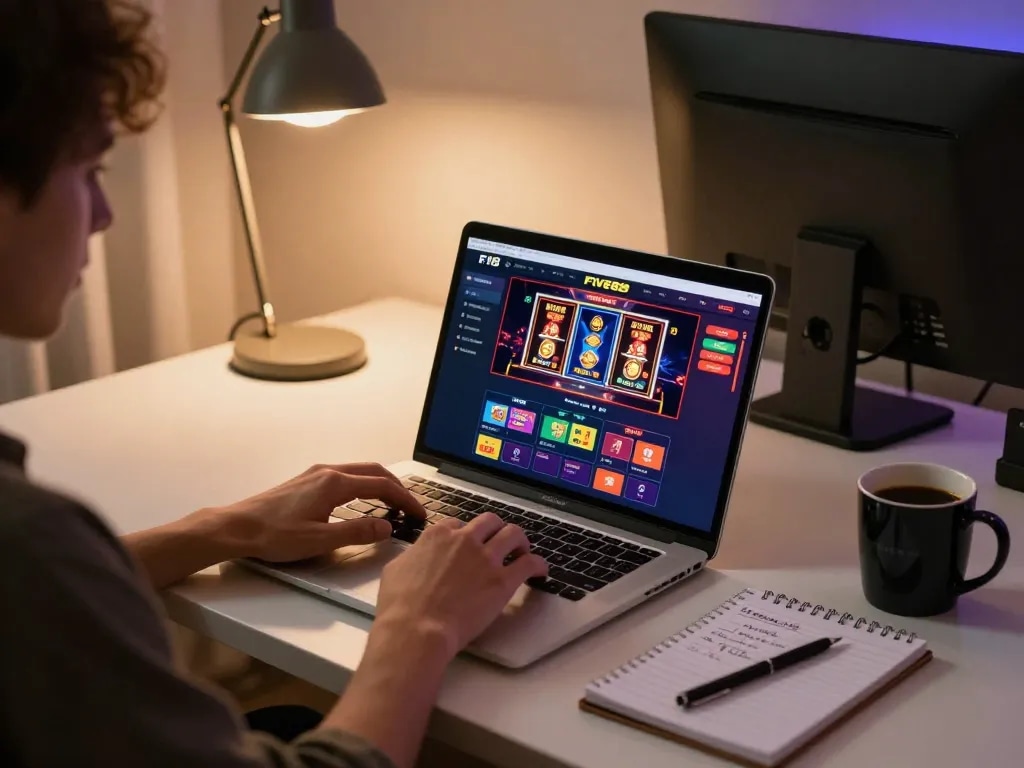Engaged player enjoying FIVE88's online casino on a laptop in a cozy home workspace