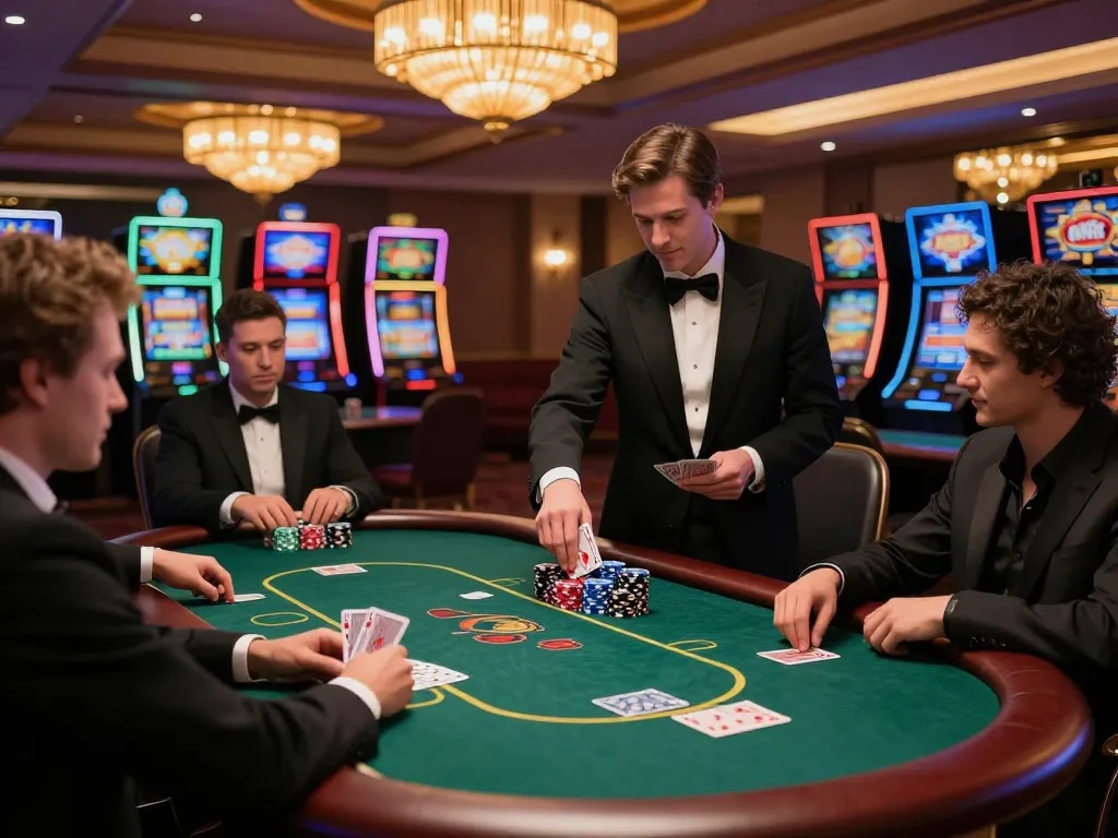 Pemain yang merencanakan strategi di meja poker kelas atas dengan suasana idnplay yang diterangi oleh lampu gantung.