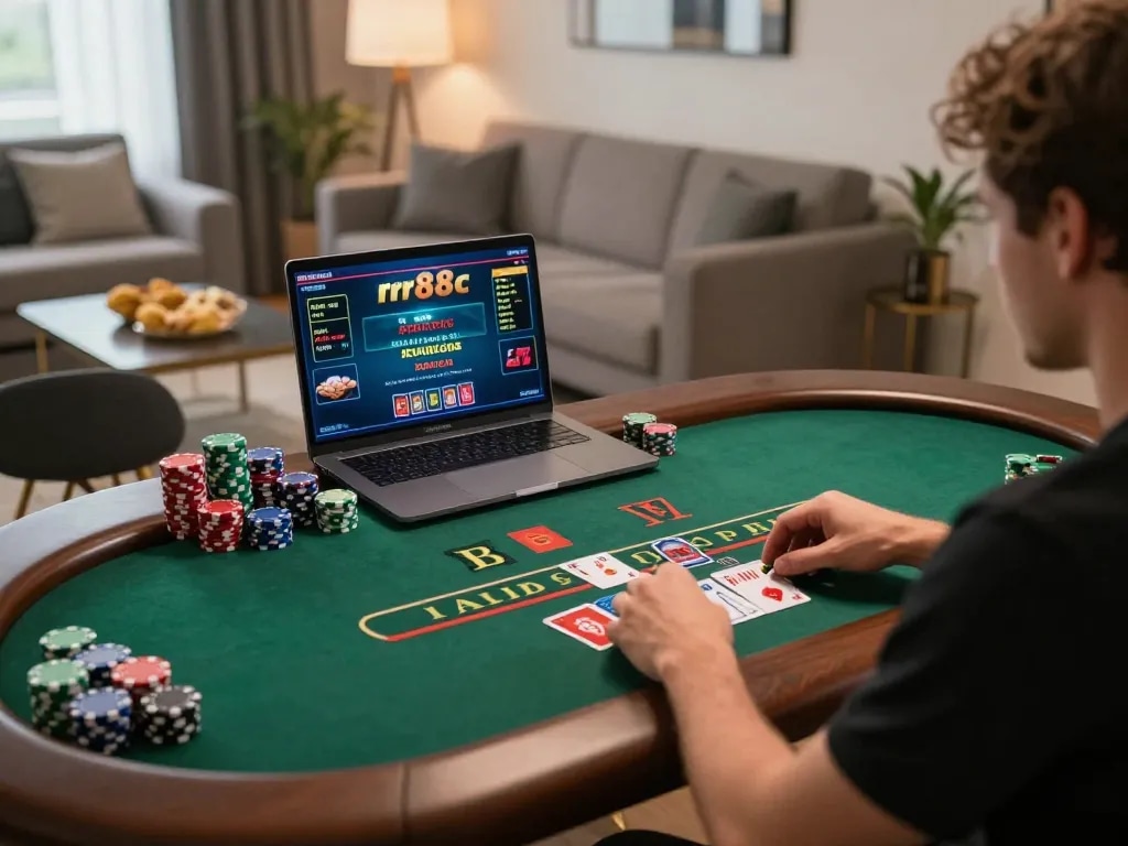 Player engaging in rr88c live dealer blackjack at a cozy home setup, showcasing excitement and strategy.